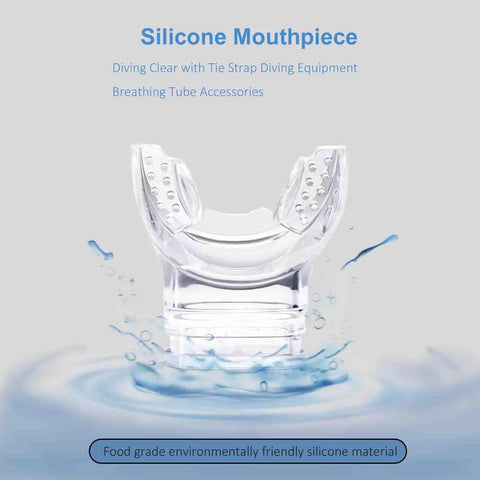 Clear diving mouthpiece with tie strap, part of Six Pack Silicone Diving Mouthpieces In Clear With Tie Strap And Universal Caliber Fit For Most Breathing Tubes Food Grade Safe Silicone Disinfection Vacuum Packed Easy To Clean And Reusable Accessory For Snorkel And Scuba Gear.