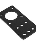 Angled view of black anodized aluminum NEMA 17 stepper motor mounting plate with large central hole and multiple mounting holes