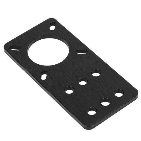Angled view of black anodized aluminum NEMA 17 stepper motor mounting plate with large central hole and multiple mounting holes