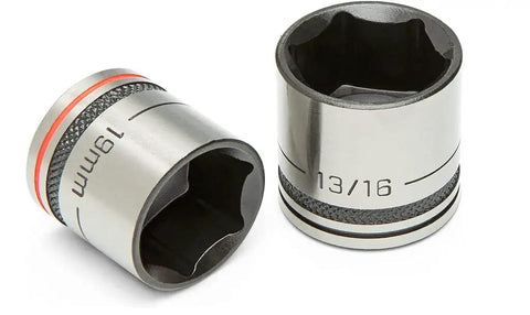 Close-up of two sockets from 20 Piece X10 3 8 Inch Drive 6 Point Mechanics Tool Set For SAE And Metric With Crestoloy Steel.