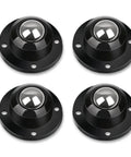 Adhesive Caster Wheels For Furniture Storage Boxes And Trash Cans 1 Inch Low Profile Black 360 Degree Swivel ABS With Stainless Steel Ball Bearings Ideal For Home Office And DIY Projects 4 Pack, showing four black caster wheels with stainless steel spheres