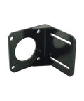 Front view of black steel NEMA 23 motor mounting bracket with round central hole and slotted mounting slots.
