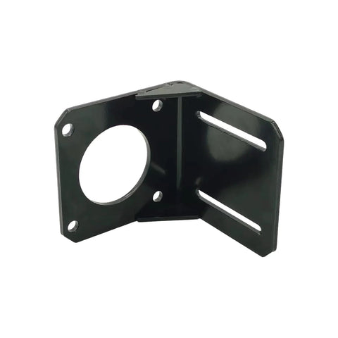 Front view of black steel NEMA 23 motor mounting bracket with round central hole and slotted mounting slots.