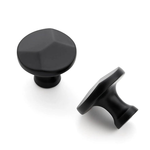 25 Pack Matte Black Round Cabinet Hardware Knobs Solid Zinc Alloy One Hole Drawer Pulls For Kitchen Cabinets And Bathroom Furniture Dresser Knobs Dope Durable Easy Install Sleek Modern Look, showing two zinc alloy knobs.