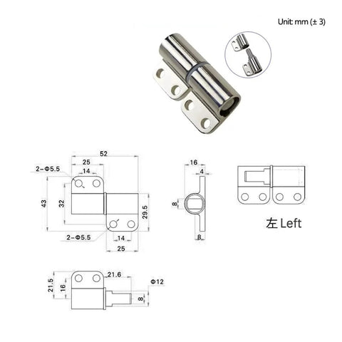 Detachable damping hinge, zinc alloy with free stop and adjustable torque; left-side mounting, 1 piece (XG11-039-5L)