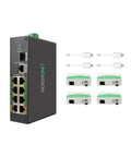 8 Port PoE and EOC Hybrid Switch With 4 EOC Transmitters for Long Reach PoE Over Coax or UTP, black switch, connectors visible