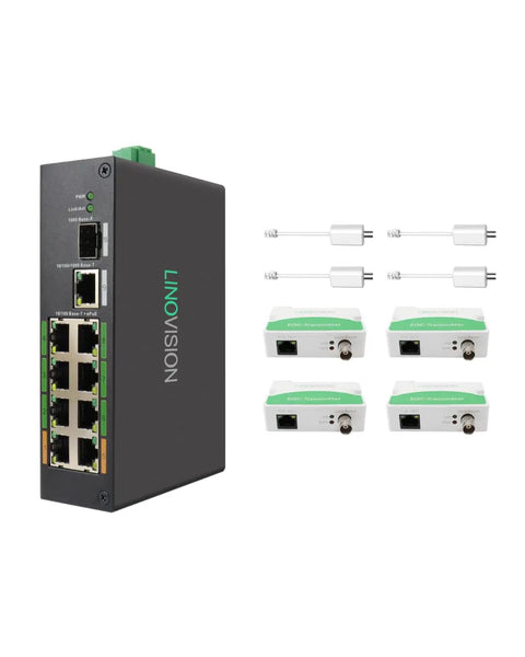 8 Port PoE and EOC Hybrid Switch With 4 EOC Transmitters for Long Reach PoE Over Coax or UTP, black switch, connectors visible