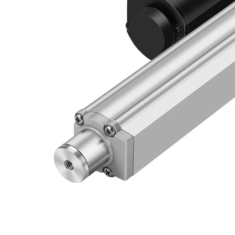 Heavy Duty DC 24V Linear Actuator With 2500N Thrust For Industrial Automation, Smooth Quiet Motion, Pro Grade Electric Actuator For Lifts, Tables, Machinery And Robotics; silver metal housing, close-up