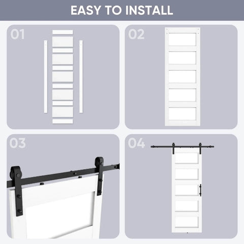 Sliding Glass Barn Door 30x84 Inches with 5 Ft Hardware Kit and Handle Included in white shown in assembly steps.