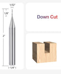 SpeTool 1/32 in downcut router bit with 1/4 in shank, carbide end mill for wood inlays (side view)