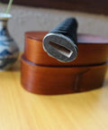 End view of Dope DIY Tsuka Sword Handle Kit Ten Point Two Inch For Samurai Katana showing hardwood core and alloy fittings.