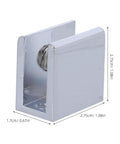 Close-up of a single Glass Shelf Bracket Clip for 8-10mm Shelves, showing dimensions and metallic finish, Easy Install