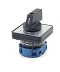 Universal Reversing Changeover Switch With Two to Three Gear System, Dual Off On Cutoff Button, High Amp 32A 63A 125A, Heavy Duty Industrial Switch for Quick Shutoff and Reliable Redundancy. Black and blue rotary switch, 2-0-1 positions.