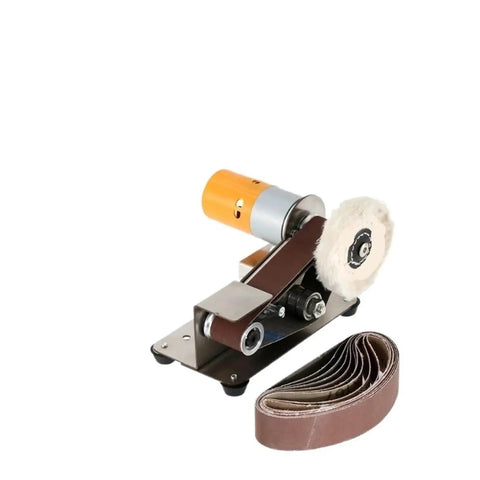 Mini Electric Belt Sander With Grinder Set Perfect For DIY Polishing And Sharpener Tasks features compact stainless steel design.