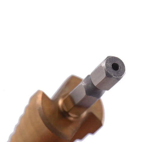Close-up of Hex Shank Quick Change Step Drill Bit Set with 1/4 inch shank, titanium-coated, HSS material for woodworking and plastic drilling.