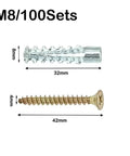 60-100 Pcs Hollow Wall Anchors Fastener Kit with heavy duty metal expansion screws and pipes, sizes 8mm, 32mm, 42mm shown