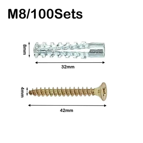 60-100 Pcs Hollow Wall Anchors Fastener Kit with heavy duty metal expansion screws and pipes, sizes 8mm, 32mm, 42mm shown