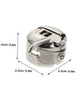 Two Piece Bobbin Case Set For Sewing Machines with dimensions 2.2cm, 1.5cm height, durable metal for reliable performance.