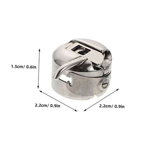 Two Piece Bobbin Case Set For Sewing Machines with dimensions 2.2cm, 1.5cm height, durable metal for reliable performance.