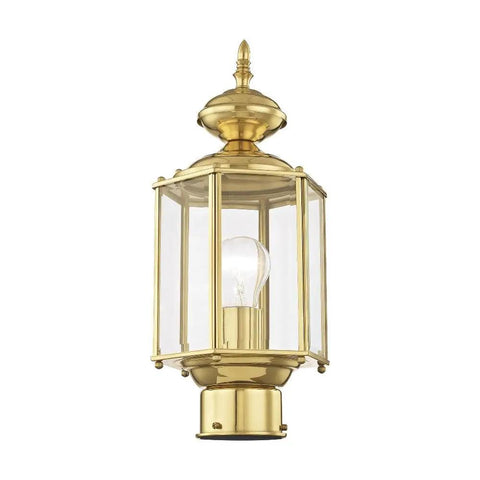 Outdoor Post Lantern 2117-02 with Clear Beveled Glass Shades in Polished Brass, solid brass exterior fixture, traditional style