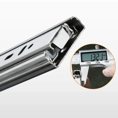 Close-up of Beefy Stainless Steel Drawer Slides With Soft Close And Full Extension, Three Section Damping Track For Quiet Smooth Glides, 50 Cm 20 In Length, with caliper for measurement.