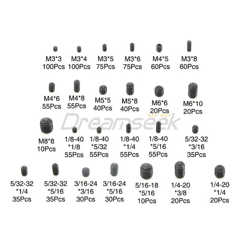 Screw Assortment Kit With Hex Drive Cup Point Grub Screws 1145-Piece SAE And Metric Set Includes Custom Hex Keys And Tweezers For Home Repairs, DIY Projects, And Handy Fixes., assorted SAE and metric sizes laid out on white background