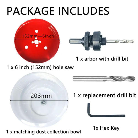 Moretopgood 6 Inch HSS Bi-Metal Hole Saw Kit With Arbor And Dust Bowl for precise cutting, includes hole saw, arbor, and dust bowl.