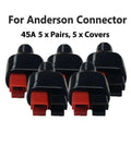 Five Pair Rock Solid Marine Connectors Waterproof Power Kit For Boat Solar EV Battery Wiring 45 Amps 600 Volt with black and red connectors.