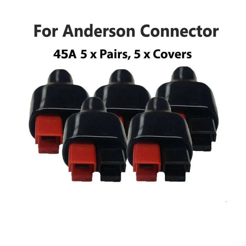 Five Pair Rock Solid Marine Connectors Waterproof Power Kit For Boat Solar EV Battery Wiring 45 Amps 600 Volt with black and red connectors.