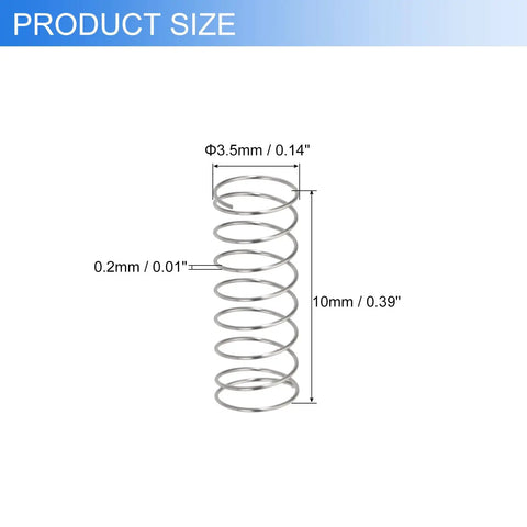 Ten Pack 0.2mm Wire Diameter 304 Stainless Steel Springs 3.5mm Outer Diameter 10mm Length For Ballpoint Pen Pressure And Small DIY Repairs Durable Rustproof Shop Home Springs, shown at 10mm length and 3.5mm diameter with 0.2mm wire.