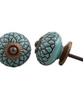 Solid 50 Pack Green Ceramic Dresser Knobs Featuring Etched Vintage Design Rust Free Cabinet Hardware For Boho Kitchen Setup Major Farmhouse Vibes, round turquoise ceramic knobs with vintage floral design.