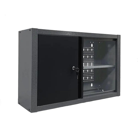 Garage-Ready Heavy Duty Metal Wall Cabinet With Door And Two Removable Shelves, Lockable, Wall Mounted for Workshop and Garage Organization.