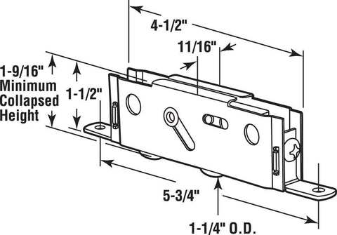 Diagram of Tandem Patio Door Roller With Stainless Steel Sealed Bearings And 1.25 Inch Wheels For Wood And Vinyl Doors dimensions.