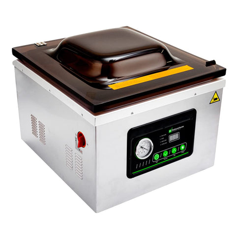 Pro Grade Chamber Vacuum Sealer Packs A Solid Punch With Sturdy 16 Inch Seal Bar And Whisper Quiet Motor in silver.