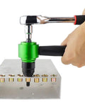 Upgrade Your Tool Kit With This Cool Nutsert Adapter And Electric Rivet Gun Setup Perfect For Auto Repairs Or Home DIY Projects. It Packs 5 Mandrels Plus 20 Nuts To Make Fastening Bolts Super Easy Without Breaking A Sweat On Any Car Or House Fix Job Today. green metal nutsert adapter on drill, with ratchet wrench, fastening rivet nut into steel plate