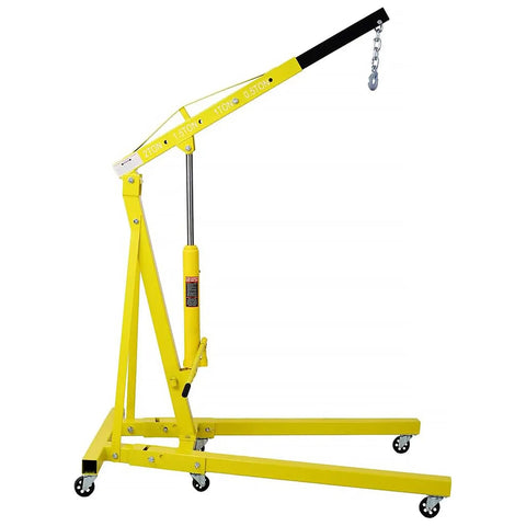 Pro Level 2 Ton Hydraulic Engine Hoist And Folding Cherry Picker Shop Crane With 4000 Lb Capacity, yellow color, compact design.