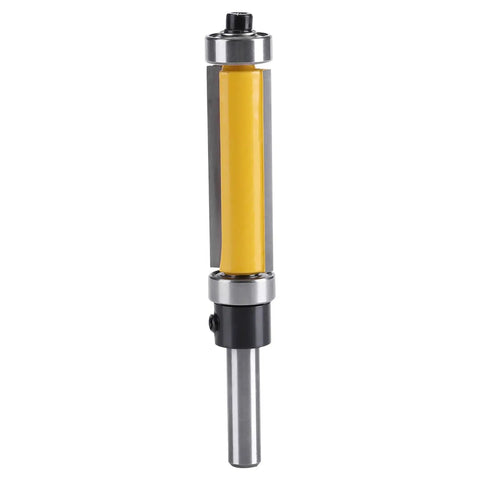 Top Notch Flush Trim Router Bit With Dual Bearings And 1.5 Inch Carbide Blade For Precision Woodworking Projects On Plywood And Laminates To Get That Smooth Finish You Need For Any DIY Build - Side view showing yellow heat coating and silver bearings.