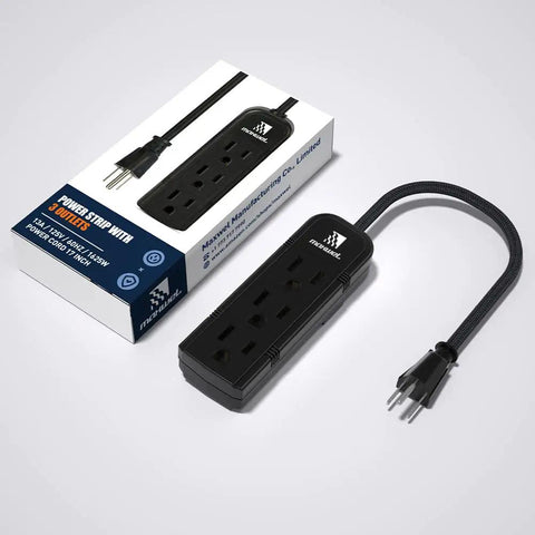 Two Pack Slim 3 Outlet Power Strip With 1 Foot Heavy Duty Extension Cord Portable Black Power Bar packaging and product