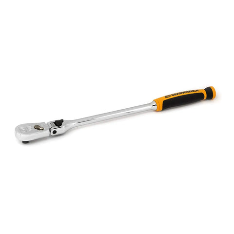 3/8 Inch Drive 90-Tooth Locking Flex Head Teardrop Ratchet, 13 Inch, Dual Material Handle shown in profile view