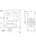 Technical drawing of 2,500 Lbs Swivel Hoist Ring 1/2-13, 360 Degree Swivel with dimensions and thread details.