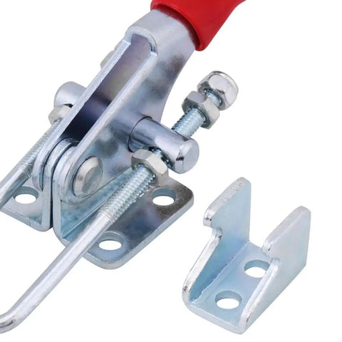Four Piece Heavy Duty Toggle Clamps Set With Quick Acting Release Latch And No Fuss Adjustable Base, close-up of clamp mechanism and mounting hardware.
