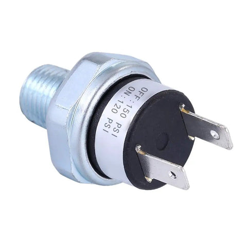 120 150 PSI Air Compressor Pressure Switch One Quarter Inch NPT 18 Male Thread DC 12V 24V Built Tough Pressure Switch For Air Tank Train Horn Auto Ride And DIY Projects, showing side view with dual connectors.