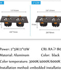 Dual Head LED Downlight Kit 6 Pack With Matte Black Baffle Trim, Slick Recessed Ceiling Spotlights, Smooth Aluminum Housing For Clean Indoor Vibe, Neutral Light Glow, No Sweat Install dimensions showing power options.