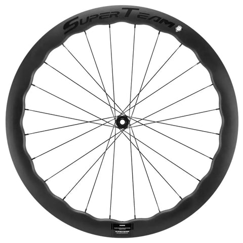 Front view of Tubeless Disc Brake Road Bike Wheelset 25mm Carbon 700c With 45mm 50mm 65mm Rim Options Shimano 8 9 10 11 Speed Cassette Compatible Toray T700 UD Finish Lightweight Roadie Ready.