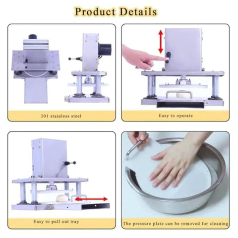 Heavy Duty Electric Dough Press Commercial Pizza Roller Sheeter Machine showing stainless steel design, easy operation features, and pull-out tray.