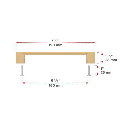 Dimensions of Armadale Collection Champagne Bronze Modern Rectangular Cabinet And Drawer Pull Handle In Six And Five Sixteenth Inch Center.