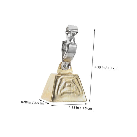 Clip-on fishing bite alarm bell with stainless steel clamp on a gold base, front view