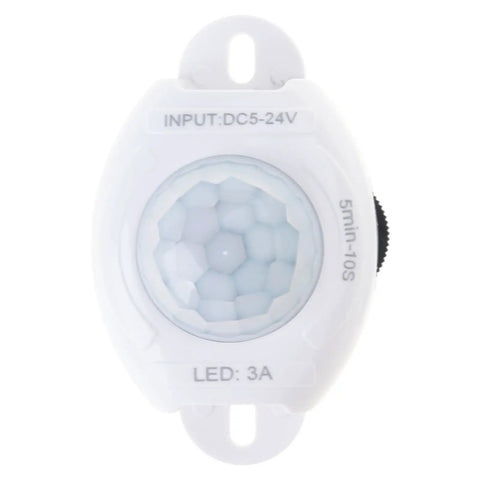 White low voltage motion sensor light switch with five to twenty four volt range and adjustable time delay PIR detector for cabinet LED
