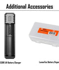 P18 1800 Lumen Compact Flashlight With Auxiliary Red LED Silent Tactical Switch Throw Distance 199 Yards Rechargeable Battery Kit And LumenTac Organizer shown with battery charger and organizer box.