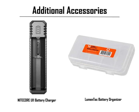 P18 1800 Lumen Compact Flashlight With Auxiliary Red LED Silent Tactical Switch Throw Distance 199 Yards Rechargeable Battery Kit And LumenTac Organizer shown with battery charger and organizer box.